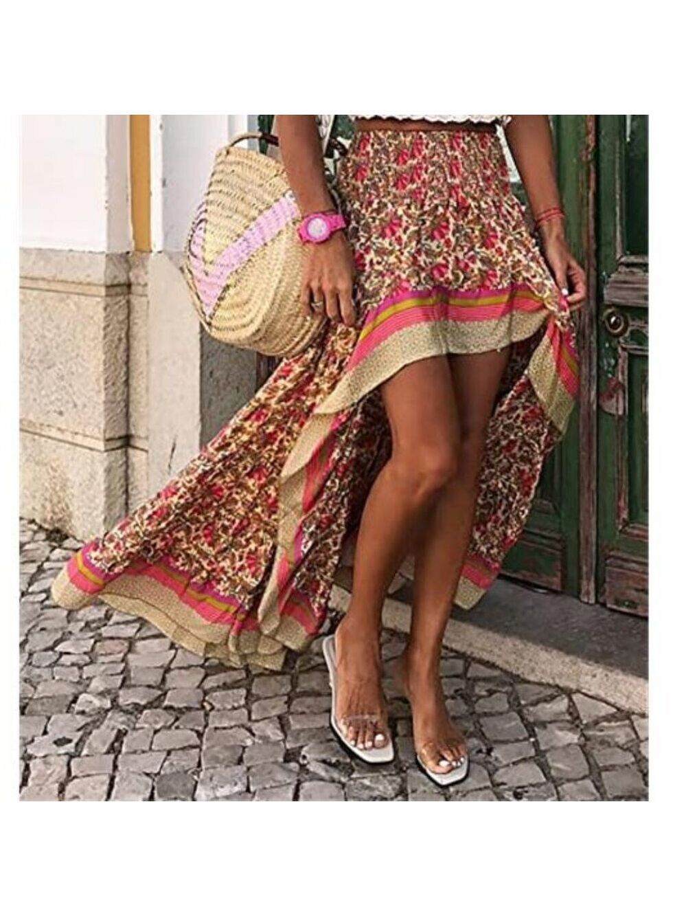 Fashion Pink Floral Long Skirt Elastic Waist Comfy Short Skirt - Picture 3 of 5